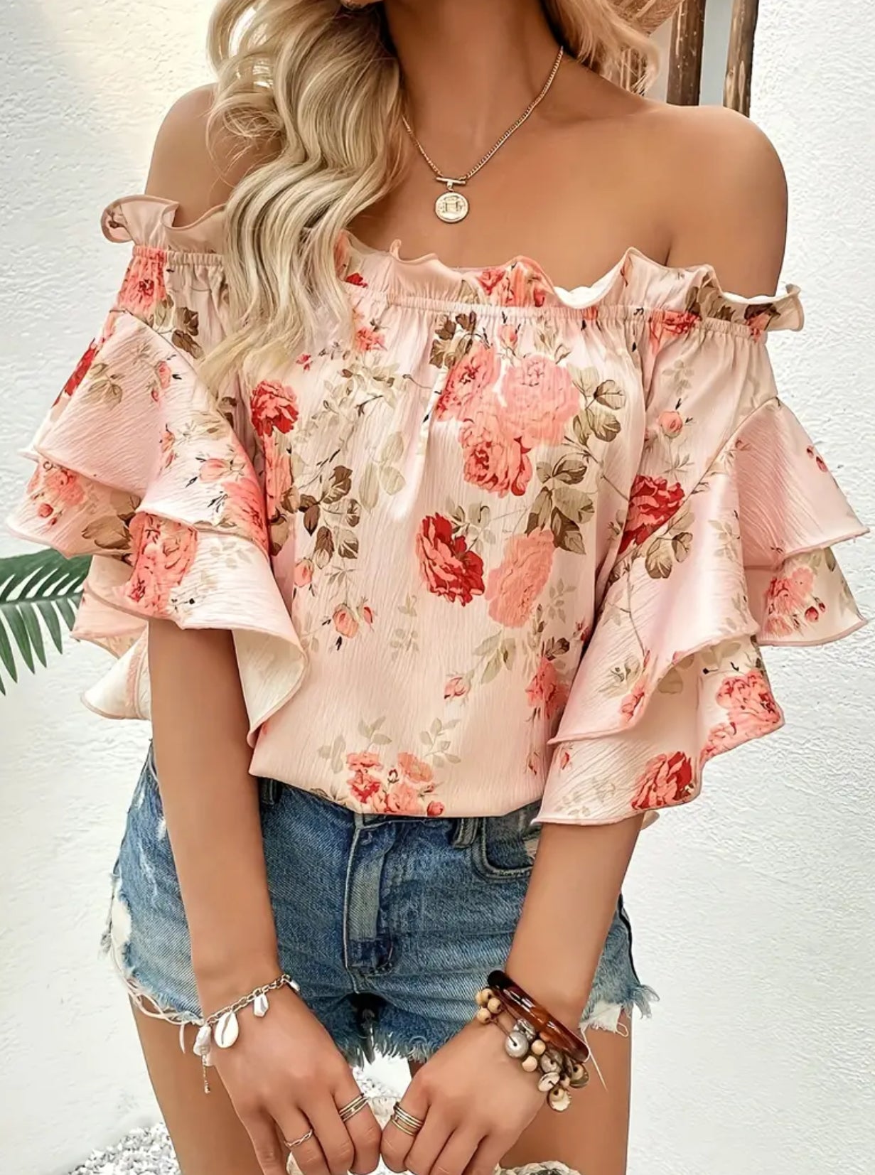 Blusa con hombros descubiertos y estampado floral para mujer: blusa informal con mangas con volantes para primavera y verano