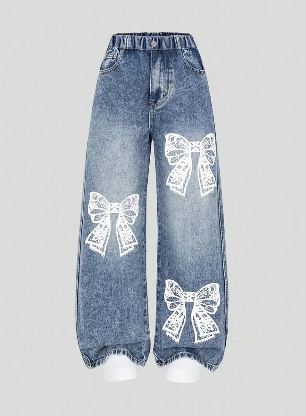 Girls' Print Lace Bow Pattern Fashion Straight-Leg Jeans