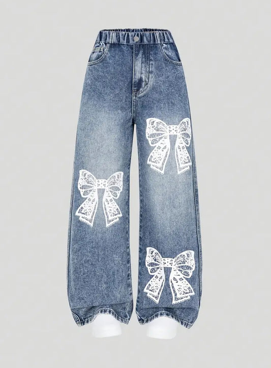 Girls' Print Lace Bow Pattern Fashion Straight-Leg Jeans