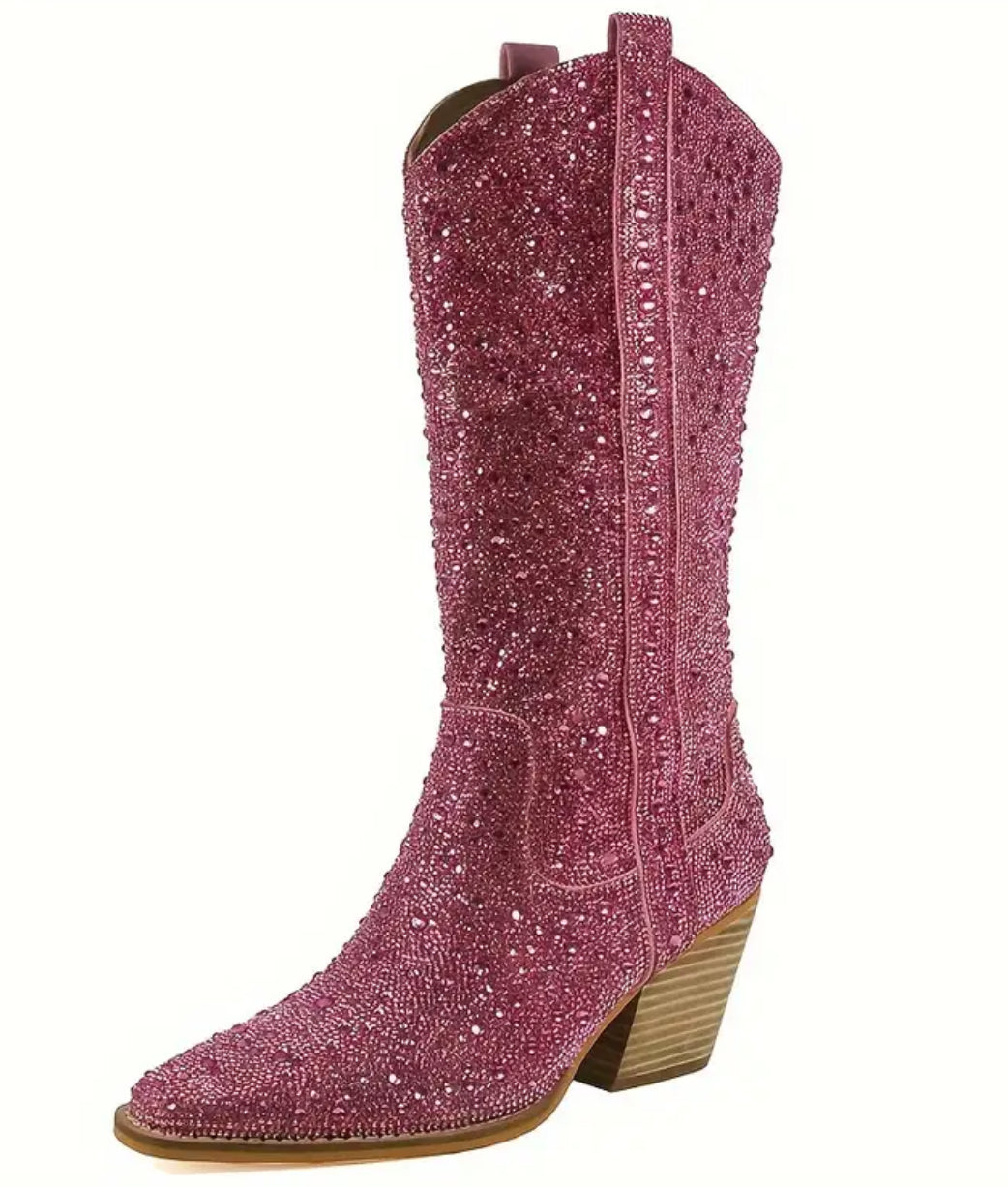 “Western & Rhinestones” Cowboy Boots, Stacked Block Heel, Mid Calf, Zipper Closure, PU Faux Leather Upper