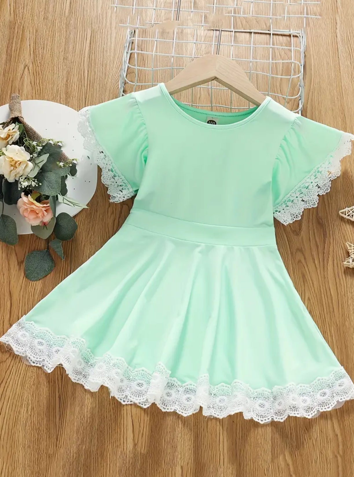 Girls Butterfly Sleeve Contrast Lace Trim Princess Dress