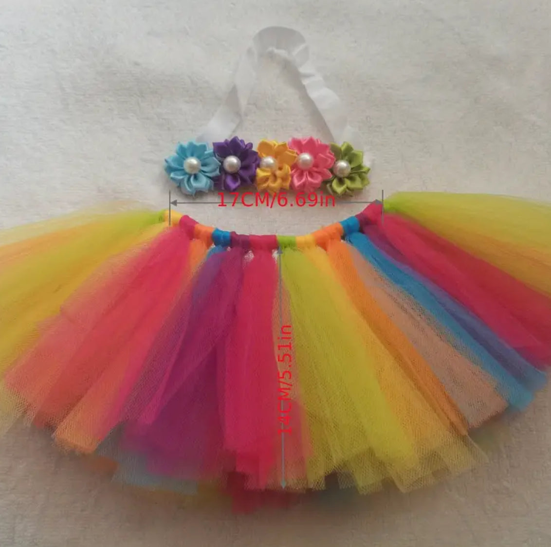 Rainbow Color Baby Skirt Tutu Set with Flower Beads Headband, 🌈