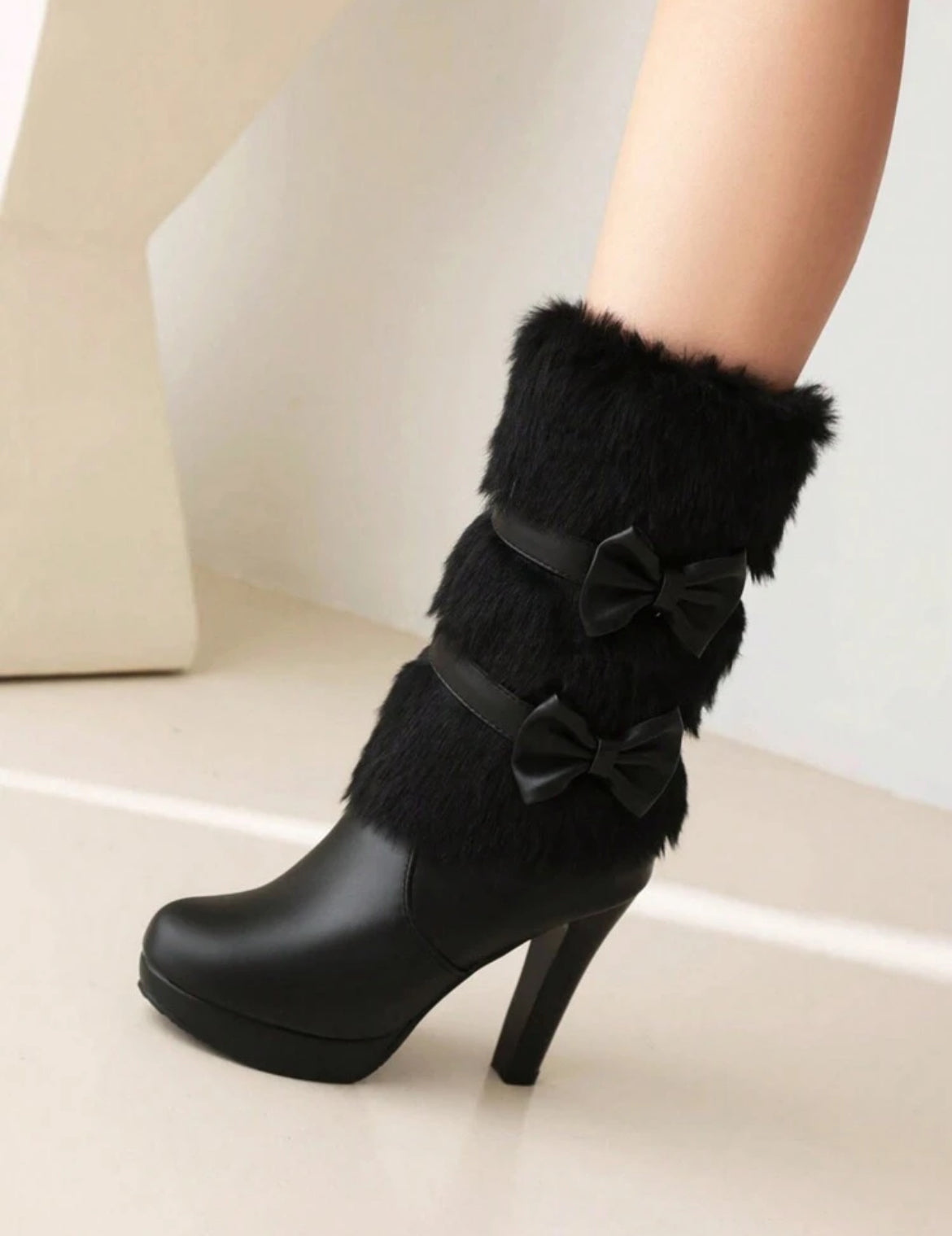 “Chic Bows” Side Zipper Elegant Boots, Mid-Calf, Pointed Toe, Slim Heels