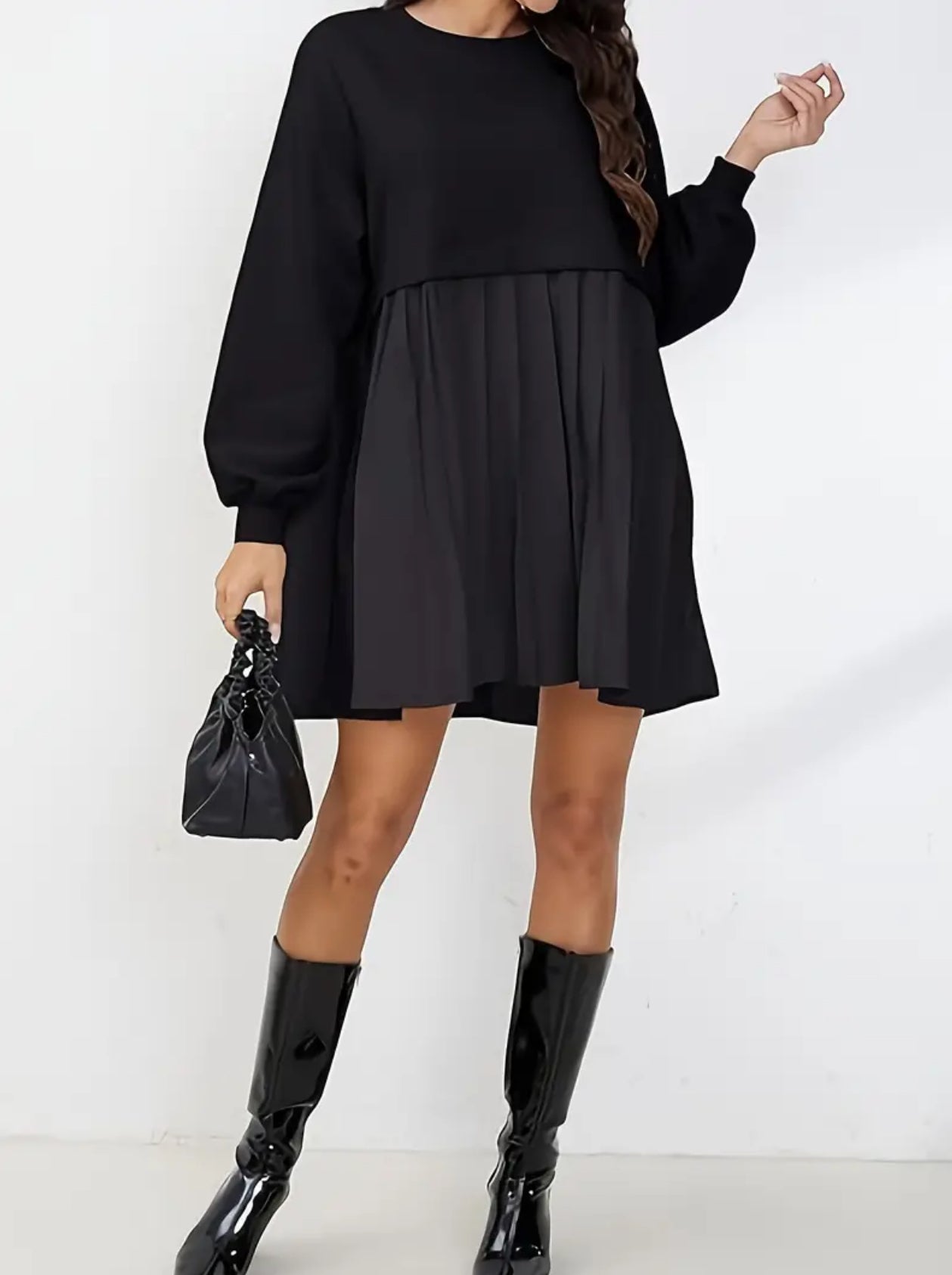 Timeless, Drop Shoulder Solid Loose, Pleated Long Sleeve Dress