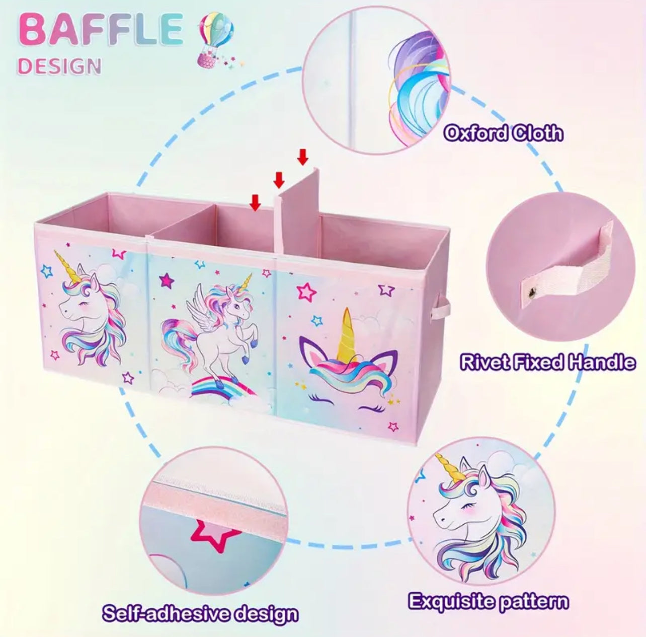 Caja de almacenamiento grande con tapa abatible y diseño de unicornio, plegable y con asas