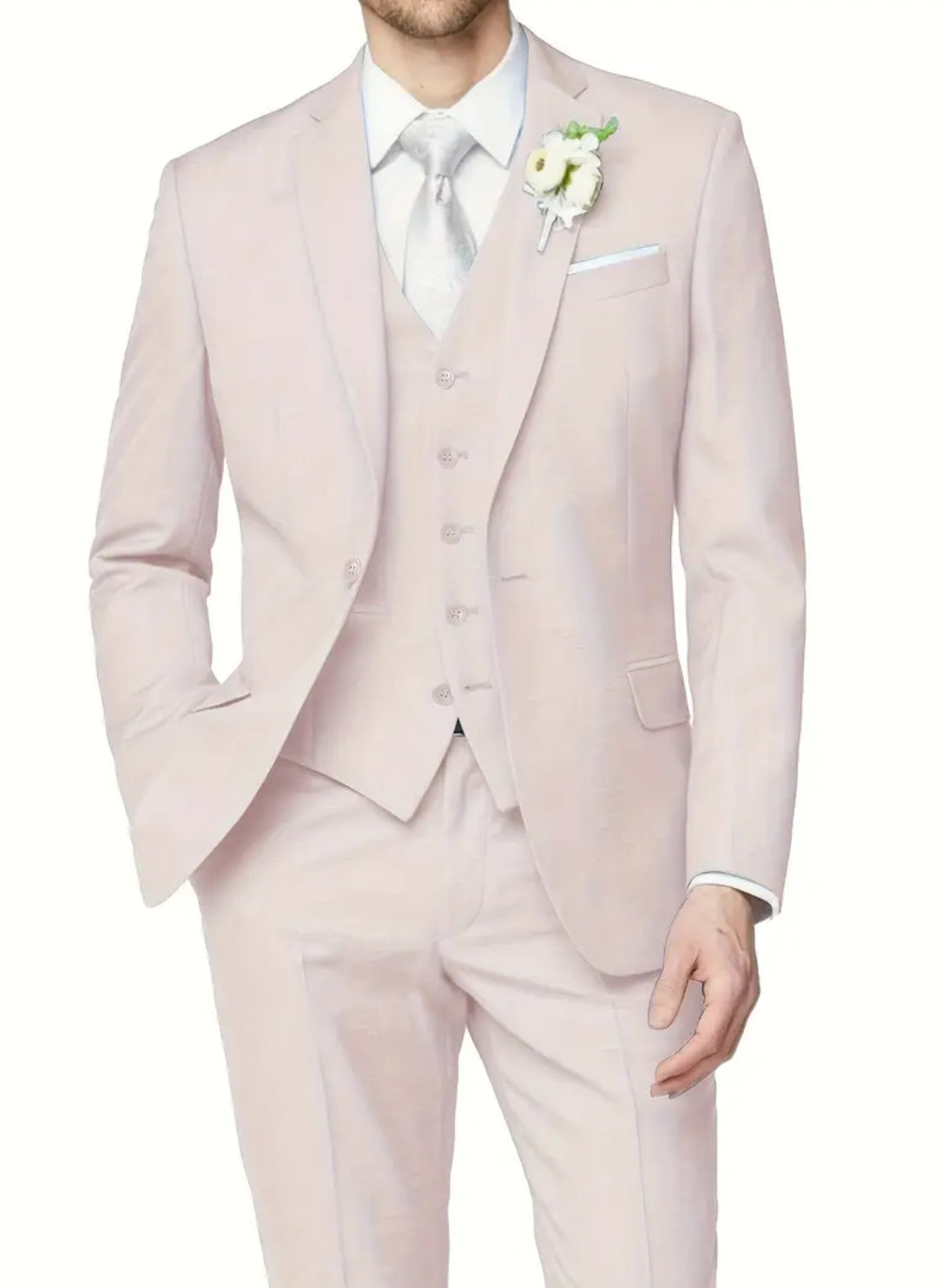 3pcs Men's Suit Set, Jacket with Notched Lapel, Vest + Pants