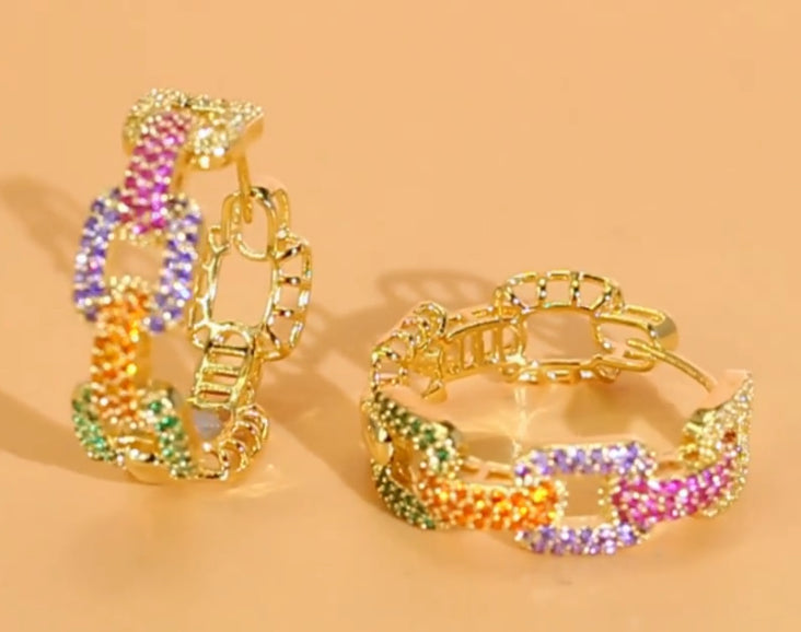 Colorful Exquisite Chain Design Hoop Earrings 18K Gold Plated Jewelry Zircon