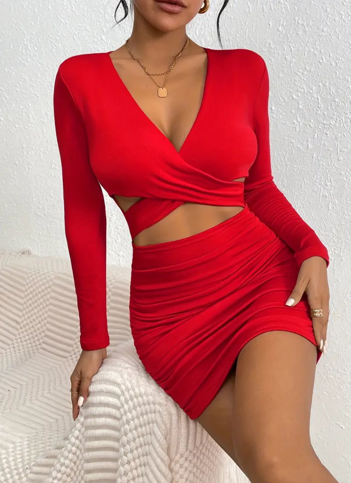 Party Wear Cut Out , Ruched Bodycon Dress, Solid Long Sleeve , Women's