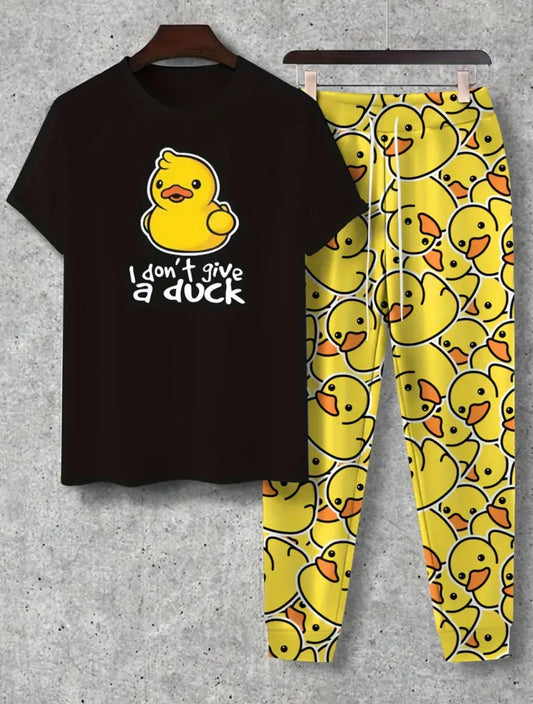 “I Don’t Give a Duck” Cozy Soft Stretchy Crew Neck T-Shirt & Drawstring Pants Set, Leisurewear