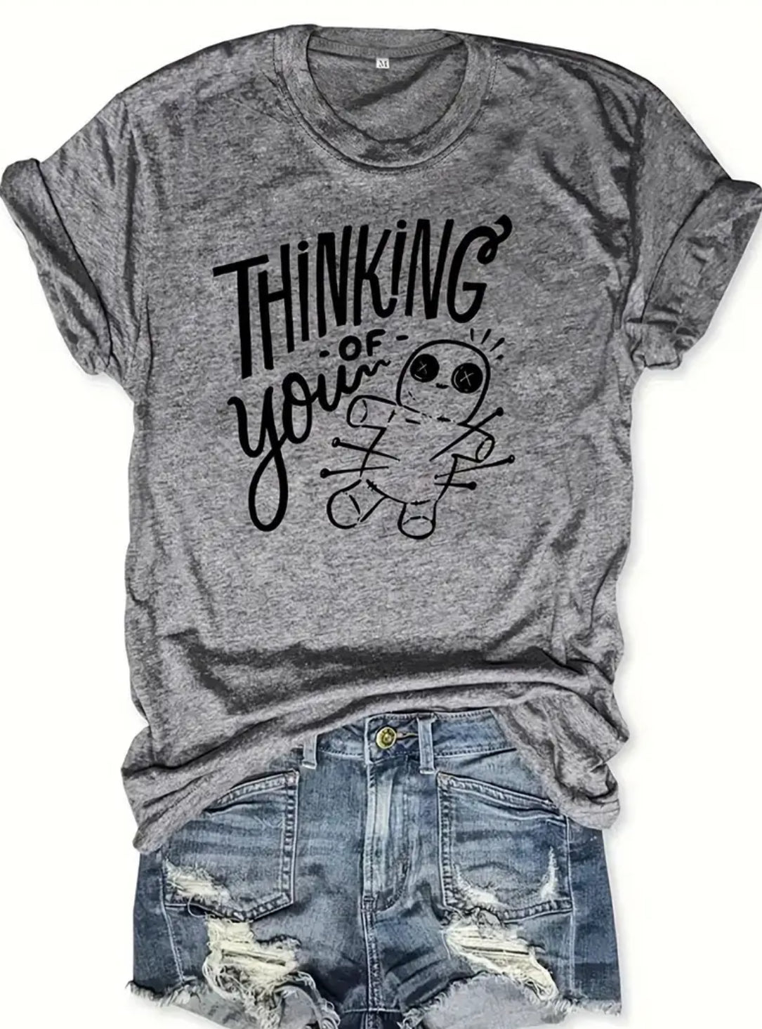 Camiseta informal de manga corta y cuello redondo “Thinking Of You”, ropa para mujer