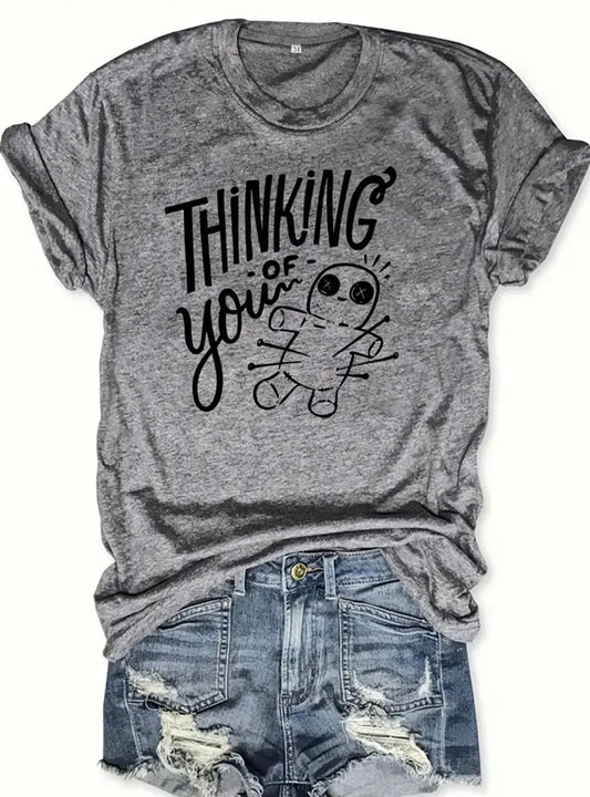 “Thinking Of You”Casual Crew Neck Short Sleeve T-shirt, Women's Clothing