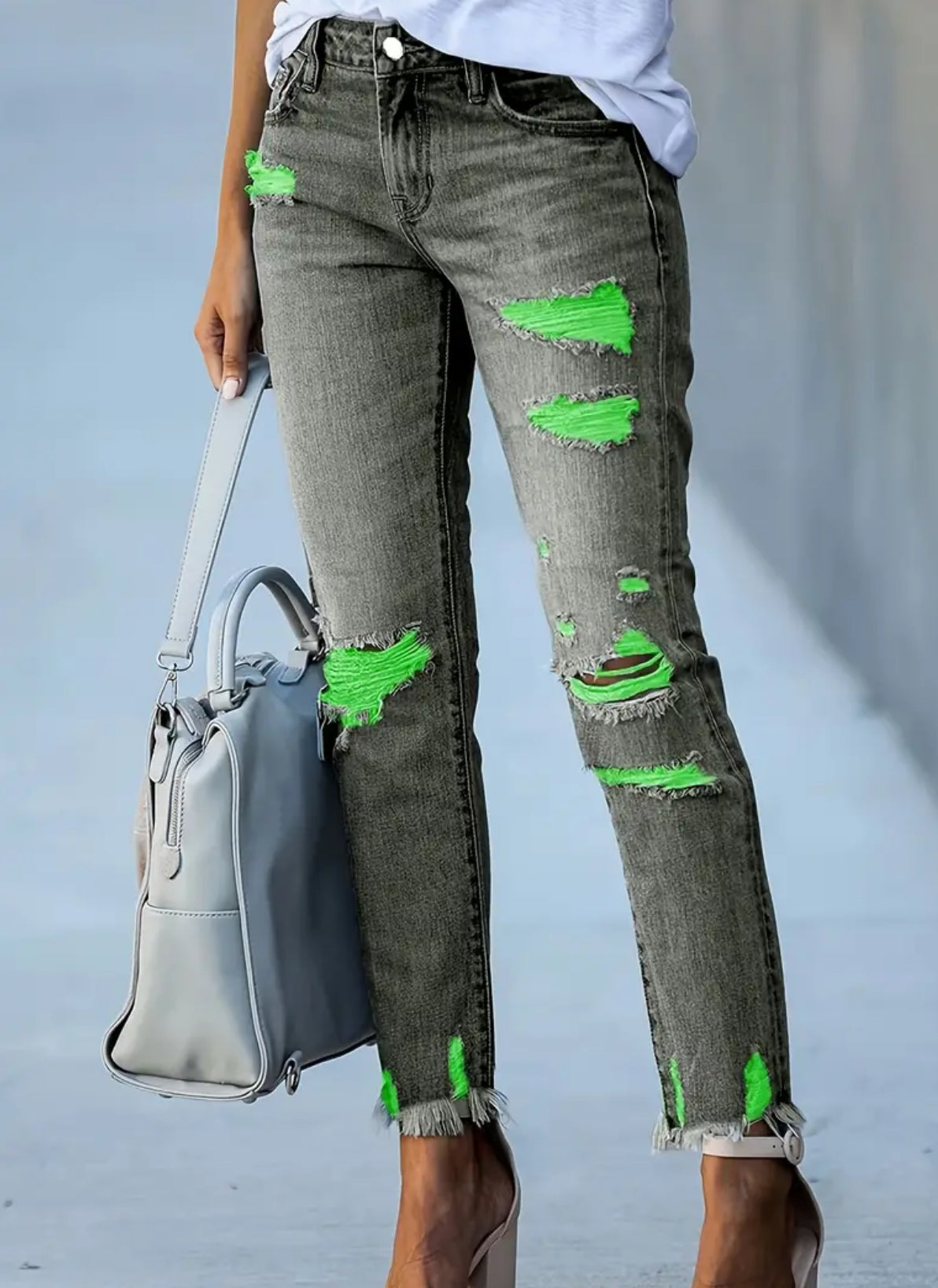 Streetwear, Gray Neon Green, Stretchy Denim Jeans, Skinny Fit, Distressed Ripped Patchwork