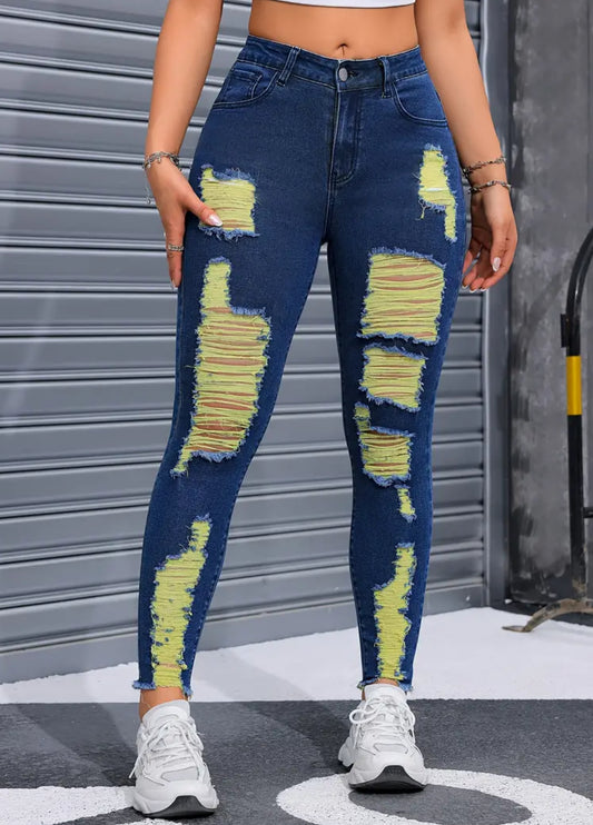 Neon Yellow, Distressed Wash, Mid-rise Waist, Ripped Skinny Fit Jeans