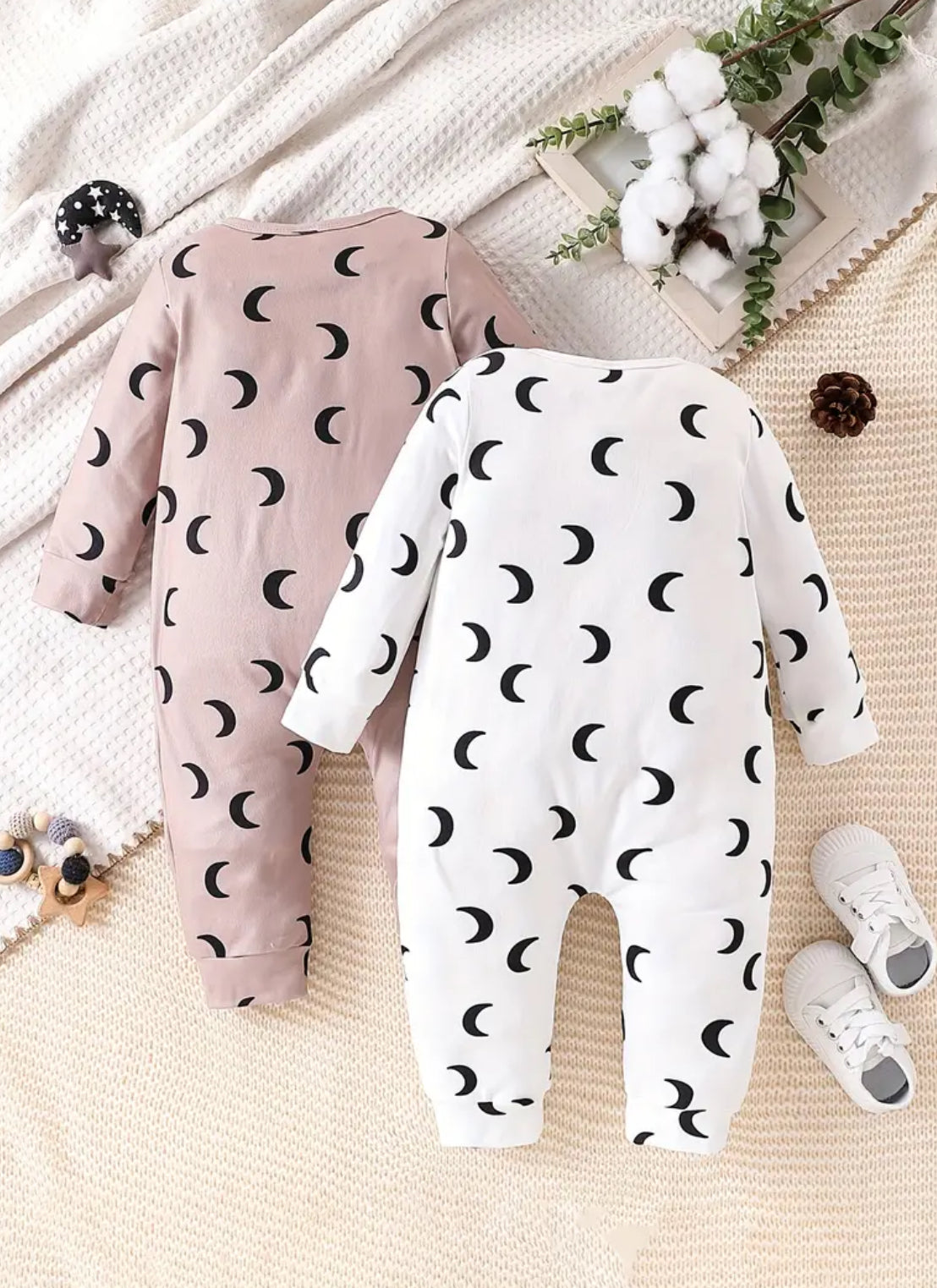 “To The Moon” 2-Pack Baby Girl's Moon Print Long Sleeve Jumpsuit, Fashionable