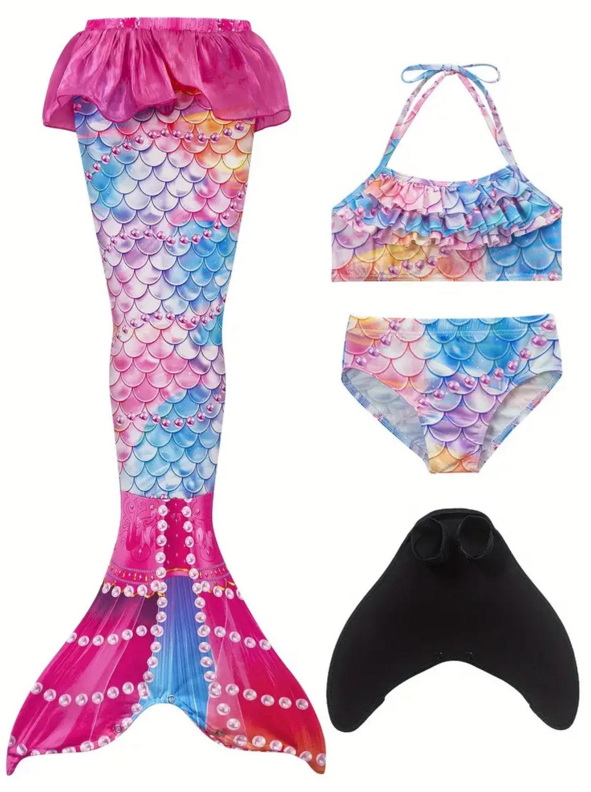 Rroba banje Mermaid Girls 4PCS, Skaj me bisht sirenë me rrota, pendë, majë xhakete + peshqir në fund.