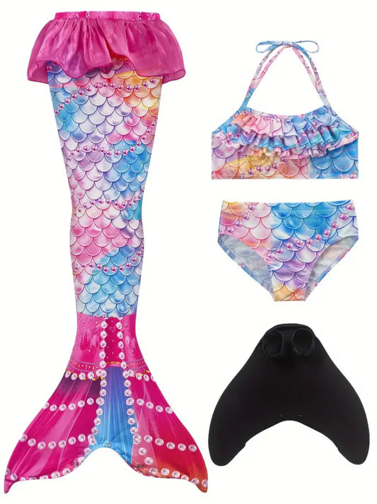 Mermaid Girls 4PCS, Frill Trim Mermaid Tail Skirt, Fin,Halter Top + Bottom Fish Scale Swimsuit.