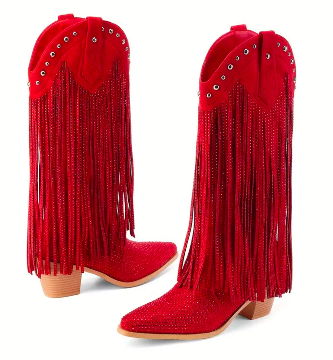 “Lady In Red” Fringe- High Mid Calf, Rhinestone , Pointed Toe Chunky Middle Heel, Sparkly Western Cowgirl Boots For Women