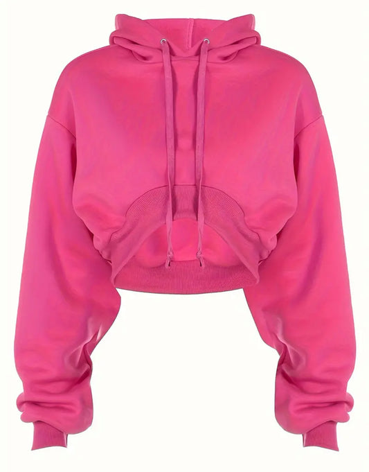 Solid Hot Pink Drawstring, Crop, Long Sleeve Sweatshirt