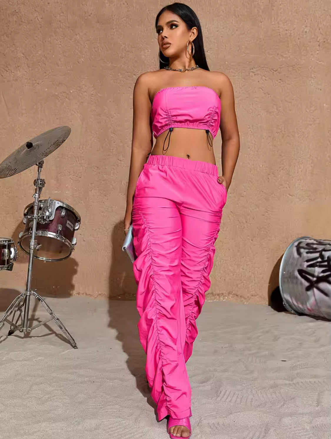 Hot Pink 2 Pc Set | Crop Top + Ruched Elastic Waist Wide Leg Cargo Pants