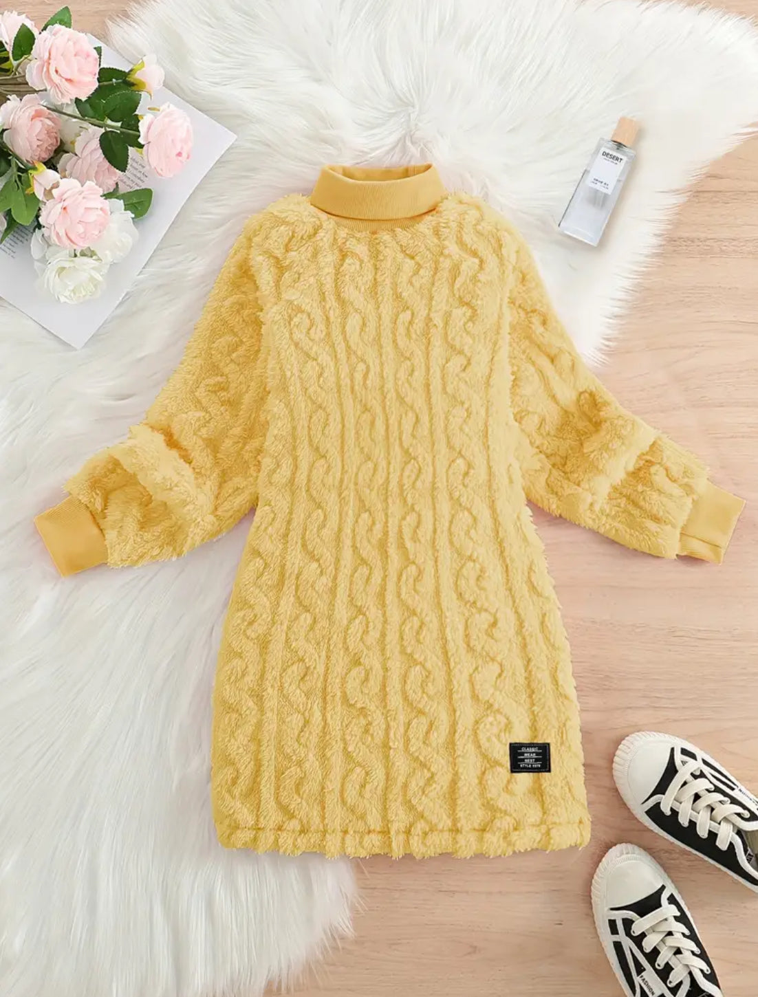 Cozy Girls Fleece Dress - Casual Solid Color with Cable Knit Pattern