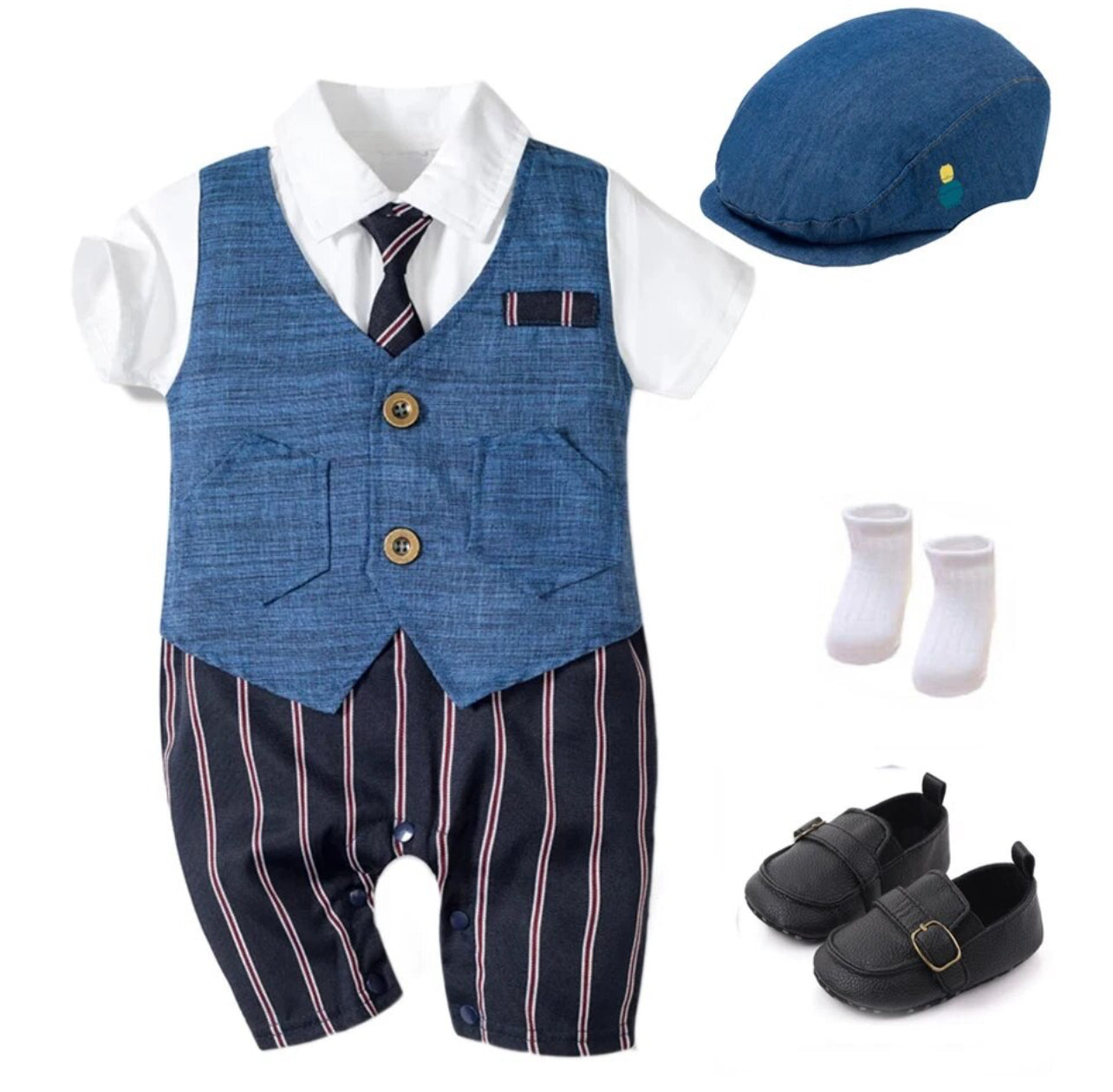 Baby Romper Boys Formal Hat + Jumpsuit + Shoes + Socks, 4 Pieces Outfit