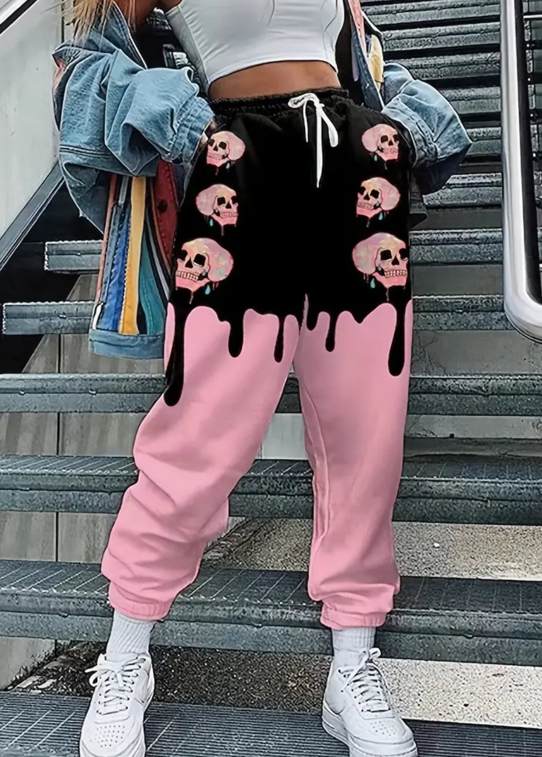 Pantalones deportivos con estampado de calavera rosa elegante para mujeres y adolescentes