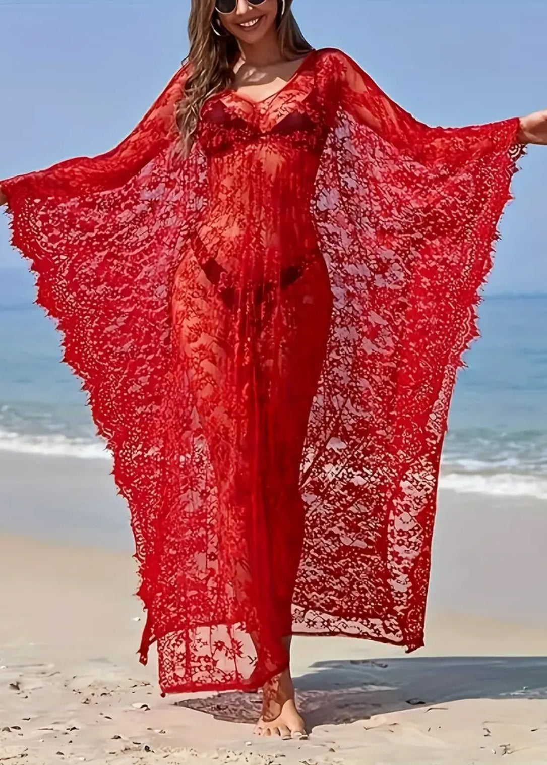 Lady in Lace, V Neck Semi-Sheer Loose Fit Beach Kaftan