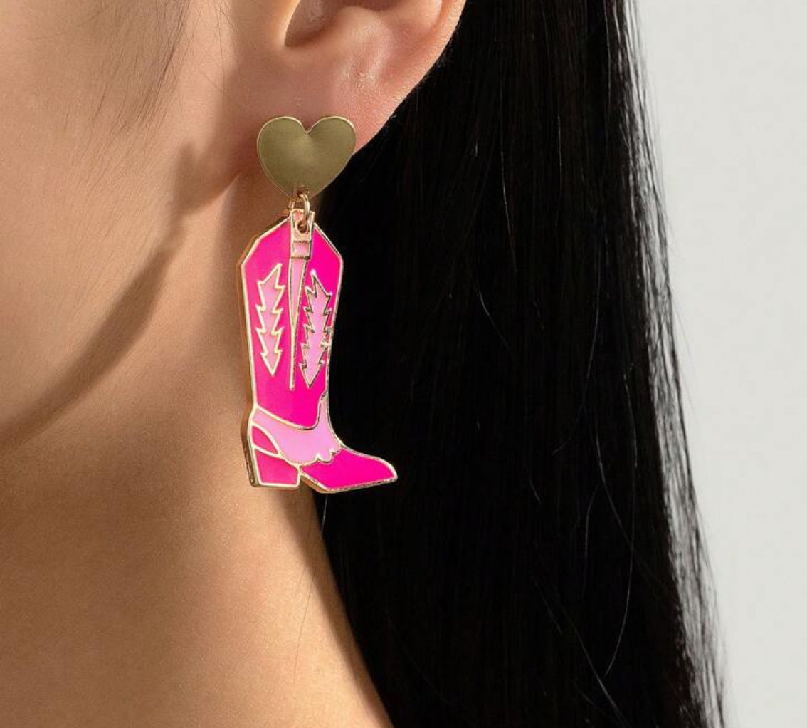 Bohemian Boot Shape Dangle Earrings With Pink Design, Alloy Gold Heart