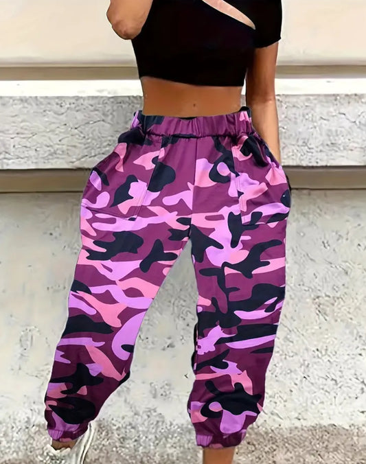 Hot Pink Fashionable Camouflage, High Waist, Slight Stretch, Jogger Pants with Pockets