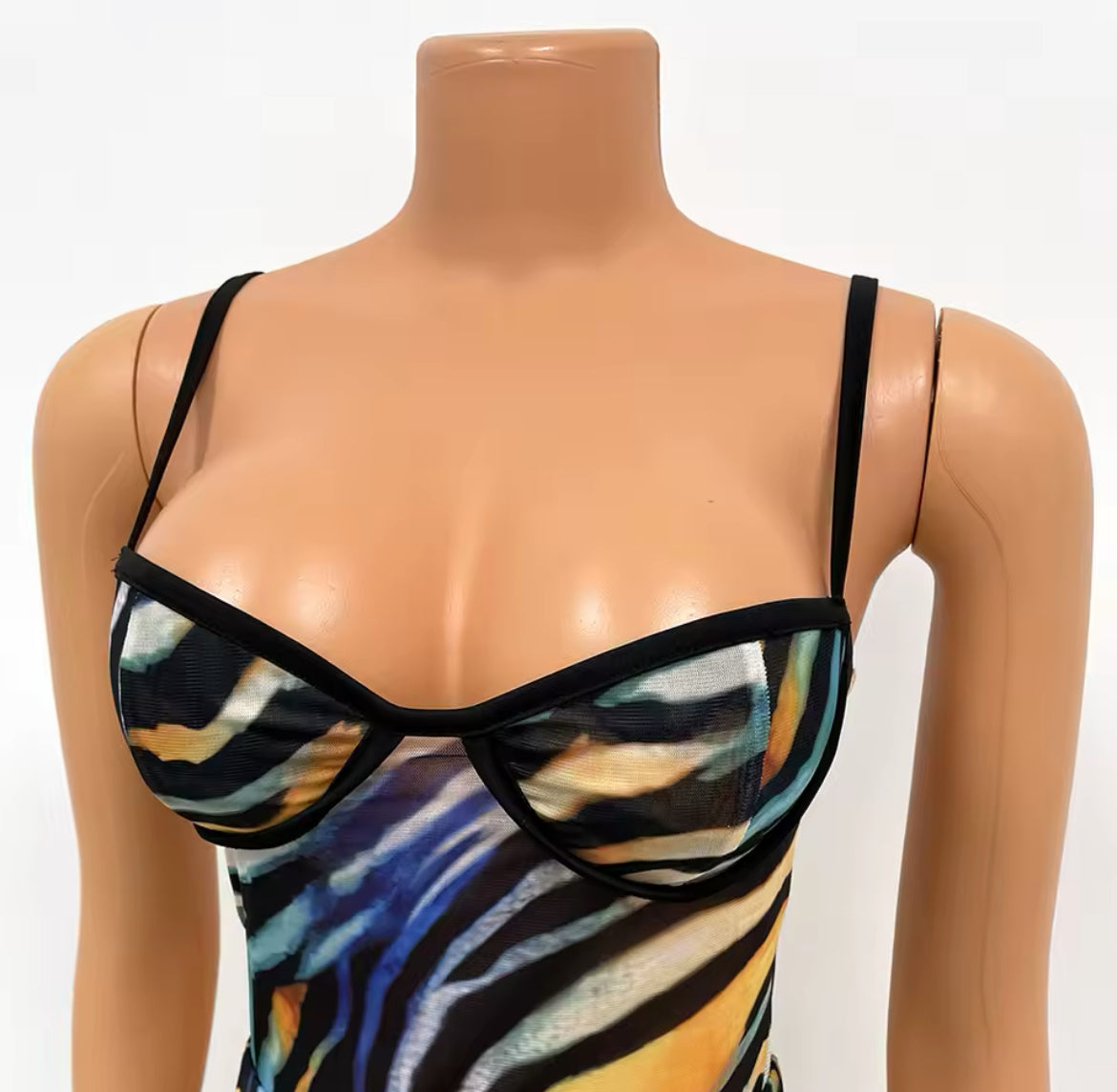 ‘Colorful Stripes’ Sheer Mesh Strap Bodysuit