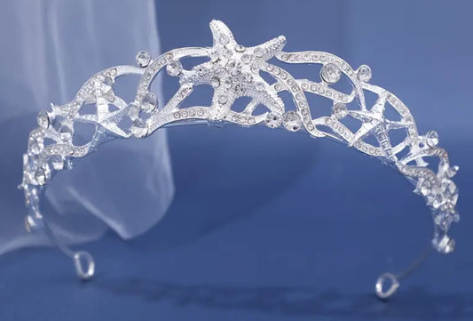 Delicate Elegant Mermaid Style Starfish Tiara, Silvery Rhinestone