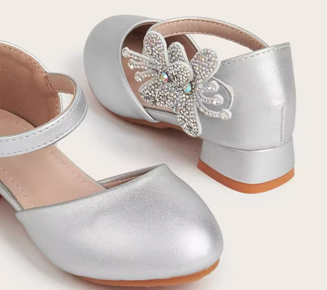 Girls ‘Princess Silver Butterfly’ High Heel Leather Shoes