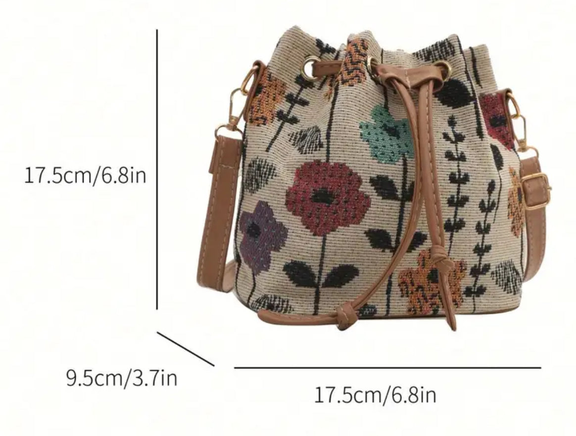 “Elegant Flower” Mini Drawstring, Fabric, Crossbody Bag