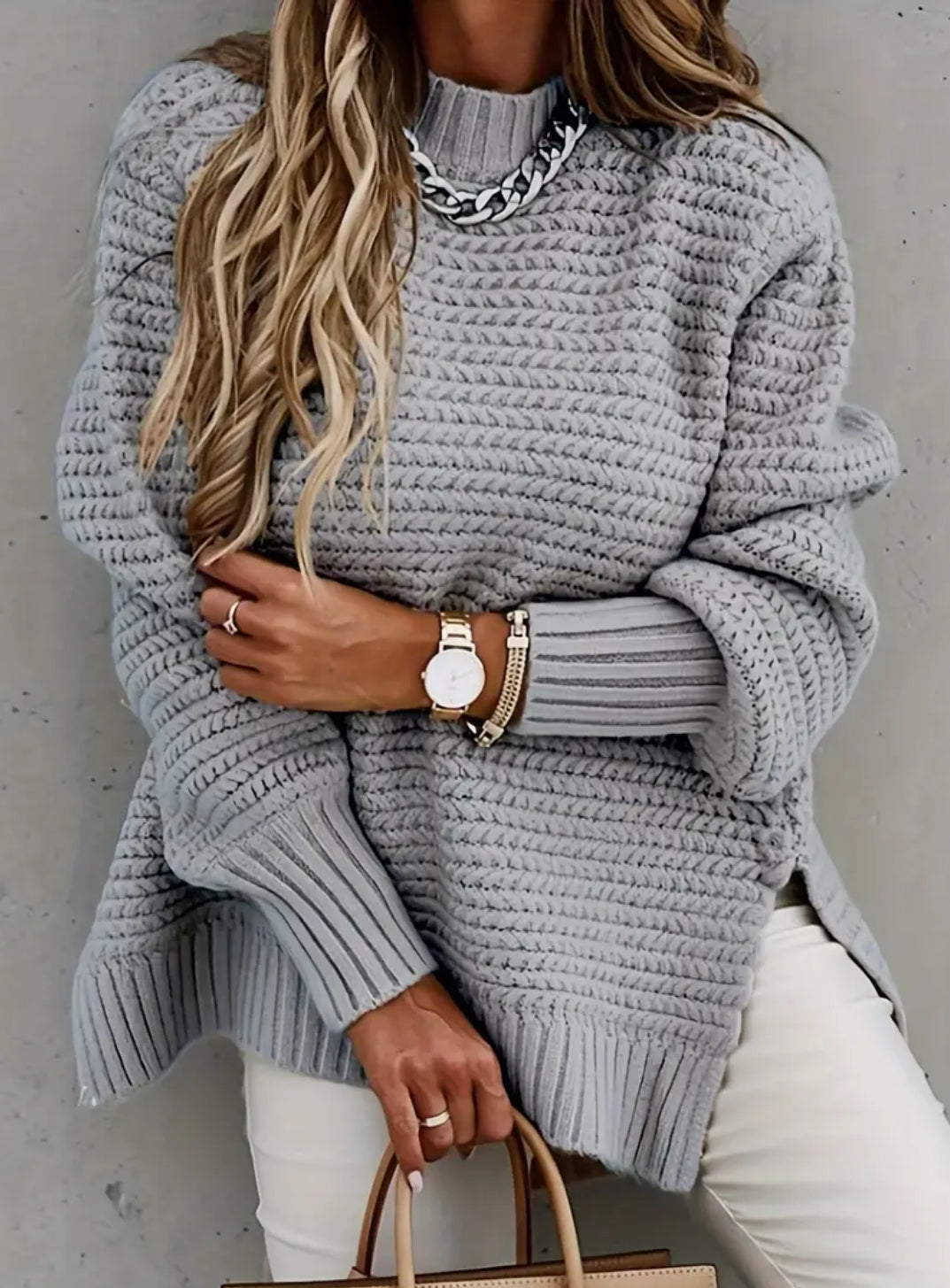 ‘Gia’ Slit Hem Ribbed Loose Pullovers KnittedSweater