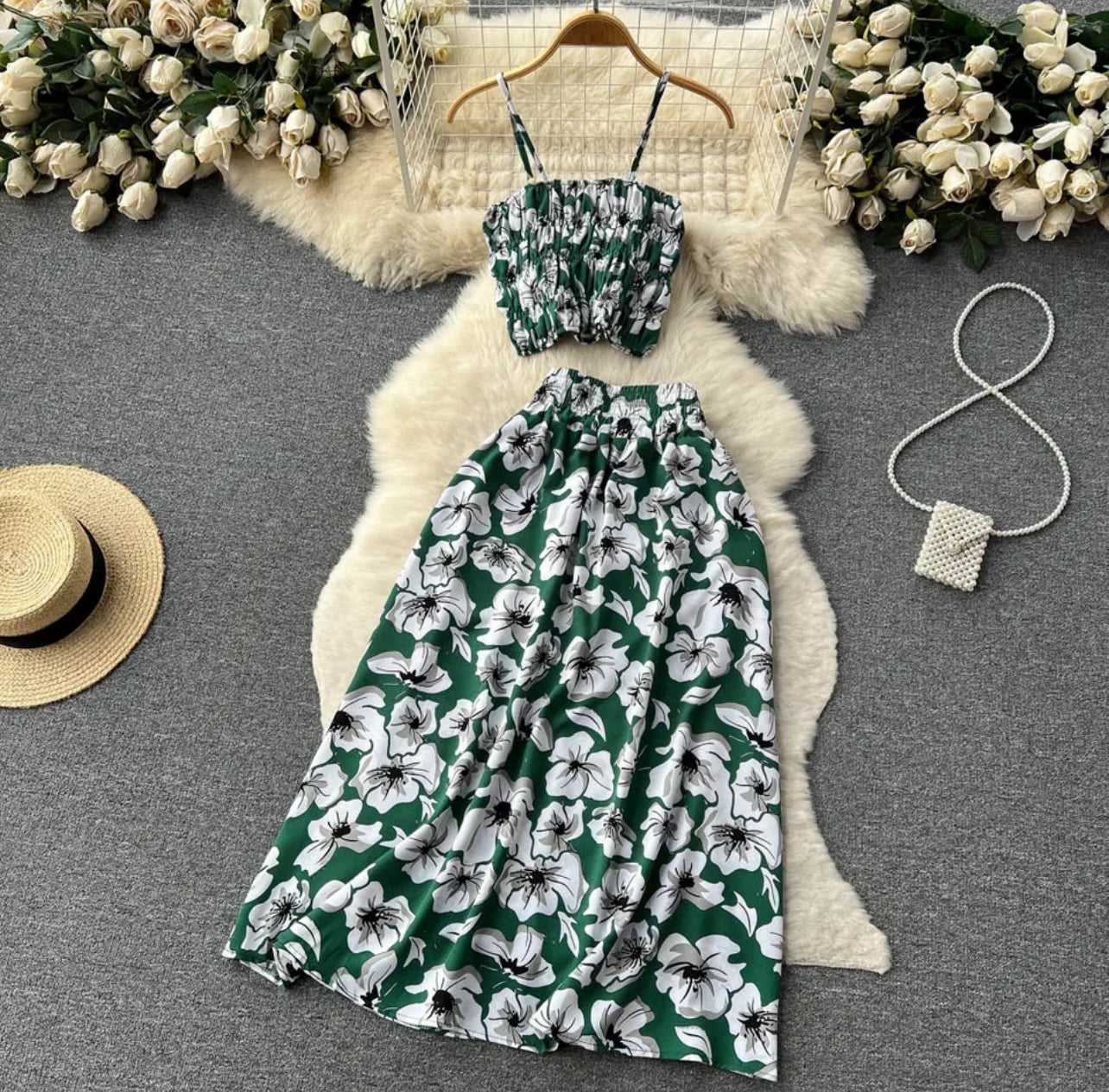 Floral Two Piece, Zipper Design Slim Tank Top+ A Line Long Skirt Vintage Bohemian Beach Sets