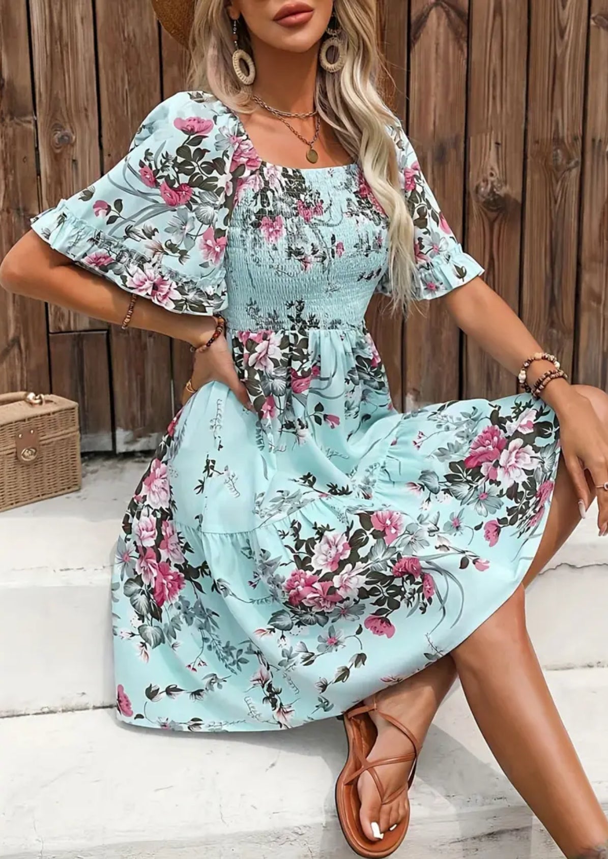 “Bouquets” Floral Print Dress, Ruffle Sleeve