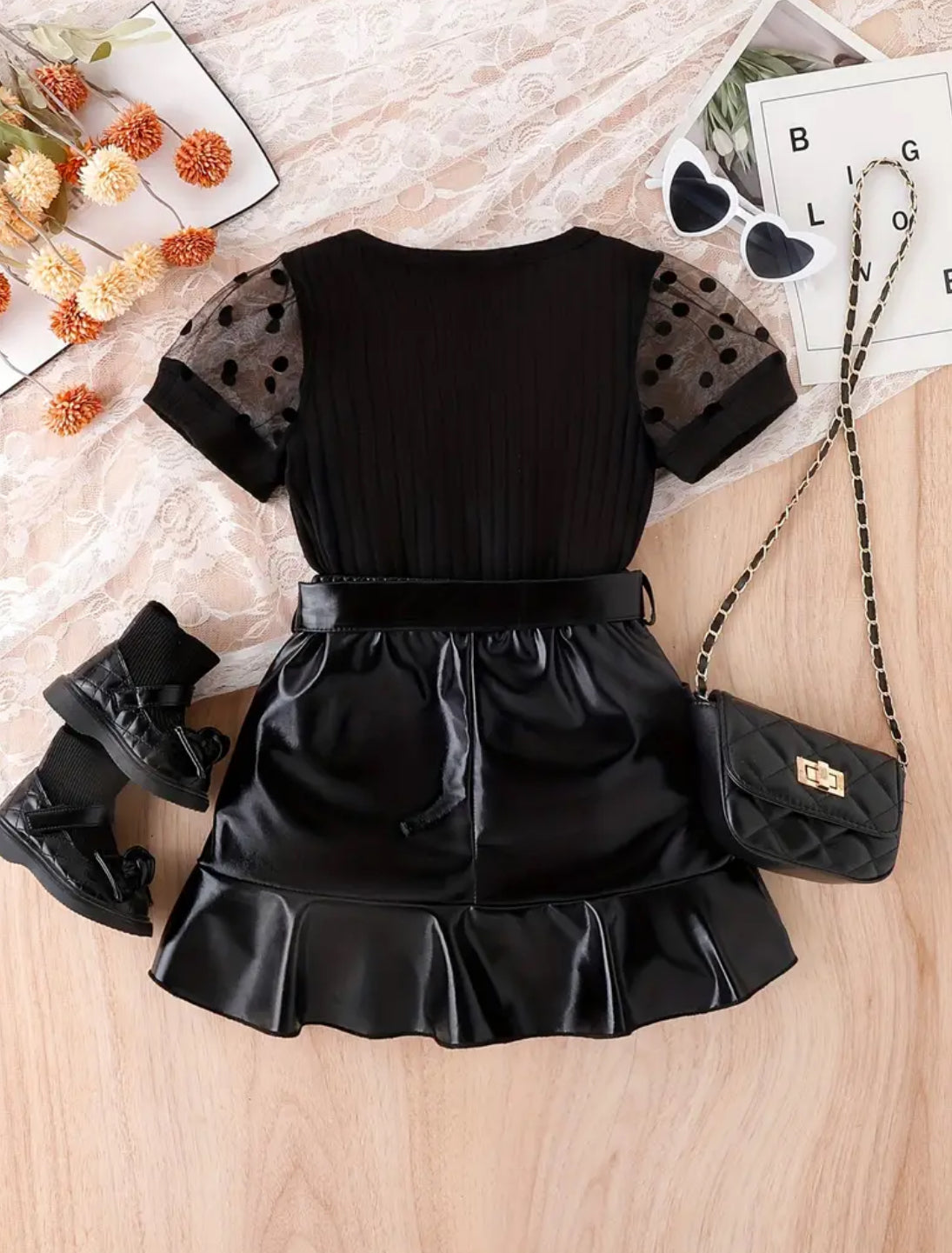 Polka Dot Print Splicing Mesh Sleeve Blouse + Faux Leather Ruffle Hem Skirt Set, For Girls