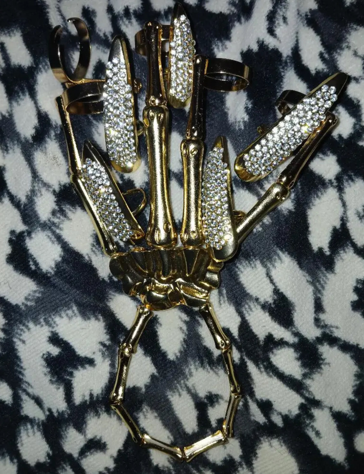 “Jack 💀” Vintage Punk Skeleton Hand Ring Set, Rhinestone Studded Talon Nail Covers, Zinc Alloy Plated, Adjustable Jewelry