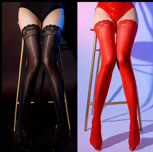 Oil Shiny Thigh High, Lace Trim Over The Knee, Hosiery