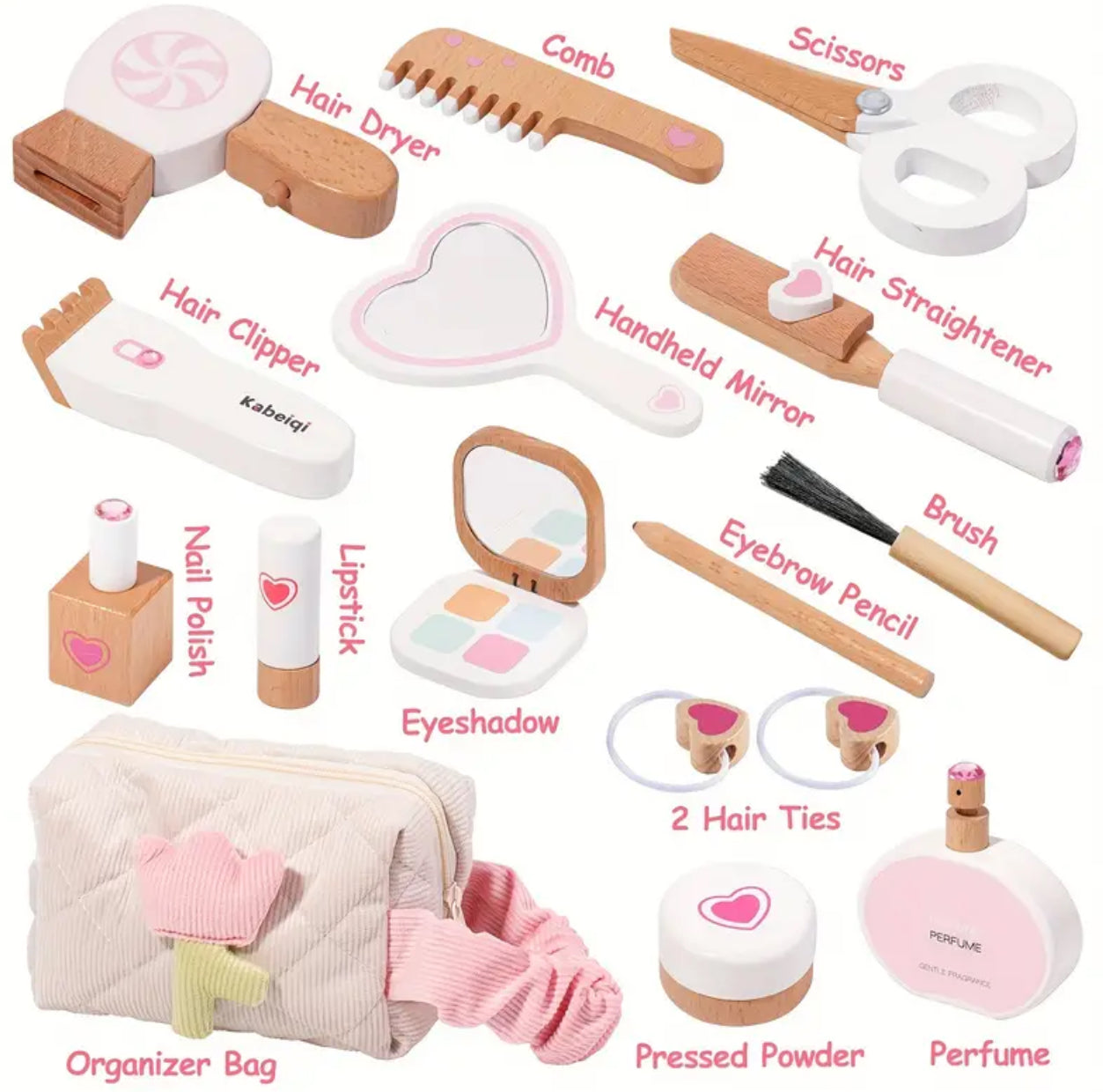 Kit de maquillaje de madera, juego de simulación de salón de belleza, cosméticos y bolsa de almacenamiento para niños de 3 años en adelante