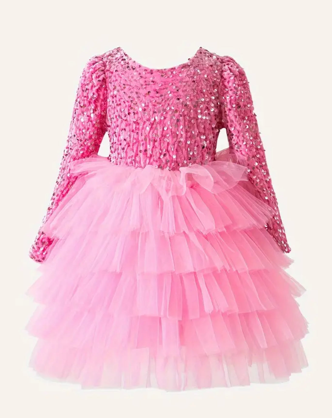 “Pink Blue Bibbidi-Bobbidi-Boo” Elegant Princess Dress with Sequin Detail - V-Back, Long Sleeve, Layered Tutu