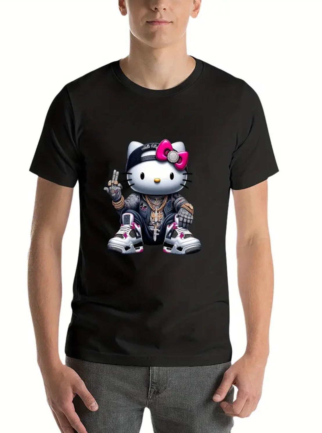 “Hello Kitty Hip-hop” Men's Short-Sleeved Fashion, Casual Streetwear T-shirt