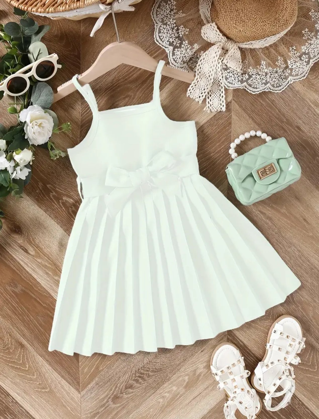 Girls, Vintage Pleated Hem Bow Belted Cami Dress