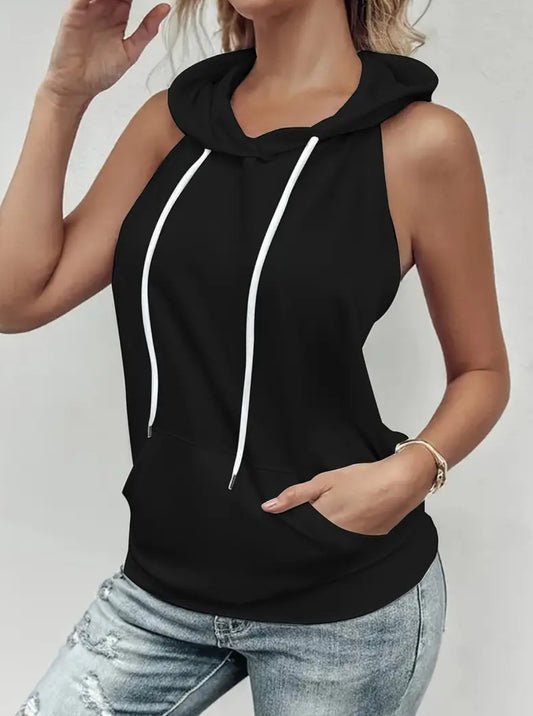 Black Solid Color Sleeveless Hooded Top
