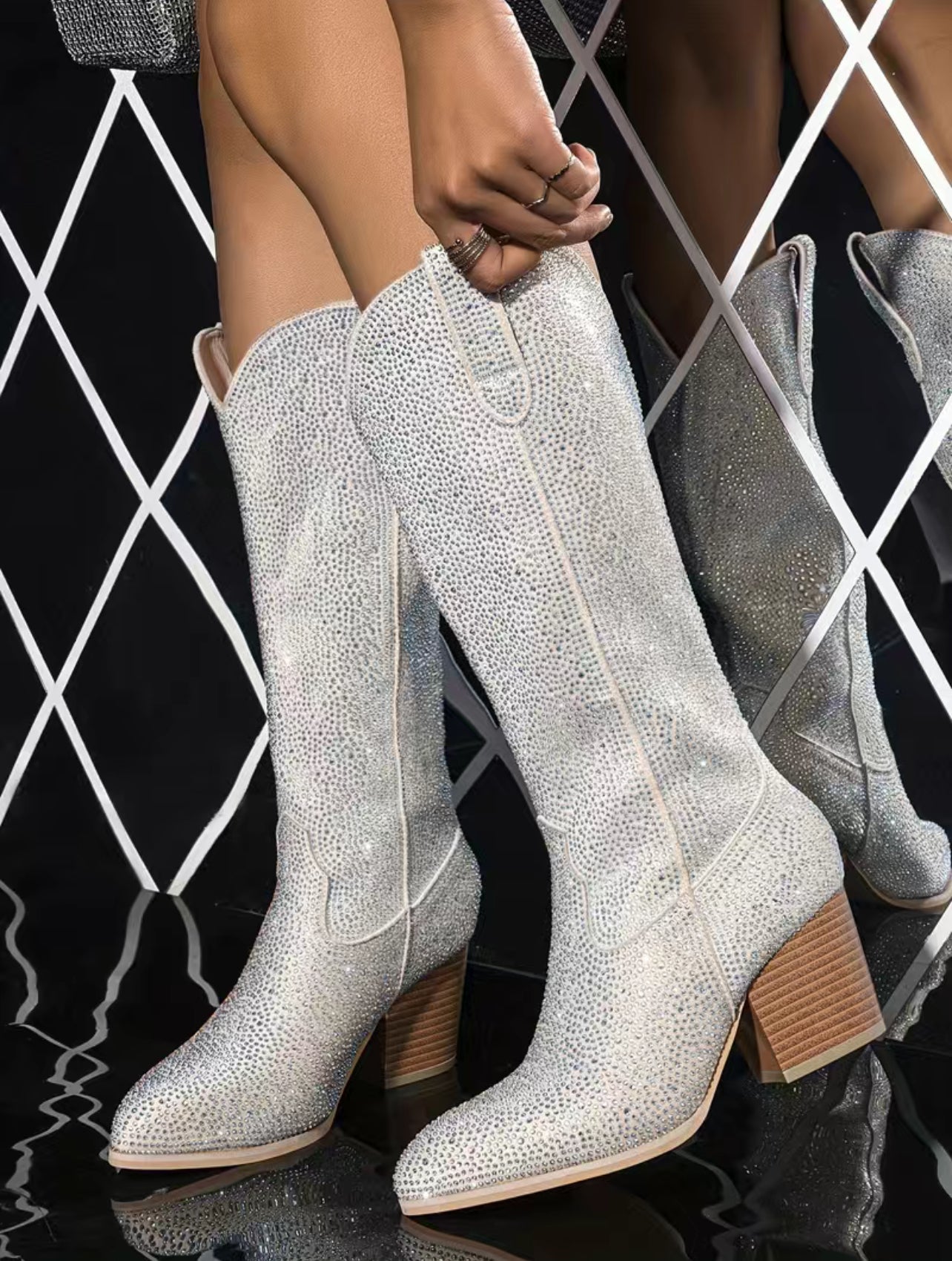 Women's Crystal Rhinestone Western Heeled, Mid Calf Boots