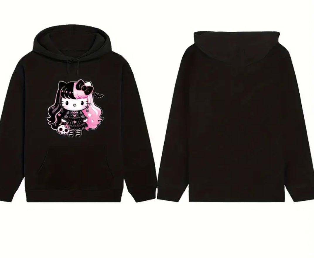 “Emo 🖤 Hello Kitty” Hoodie, Stylish And Comfortable Kangaroo Pocket, Pull String