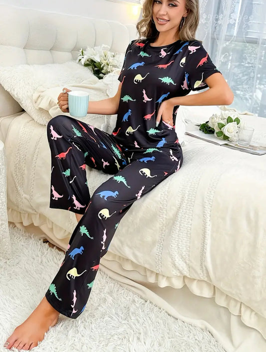 Colorful Dinosaurs, Short Sleeve Crew Neck Top & Elastic Waistband Pants, Women's Sleepwear