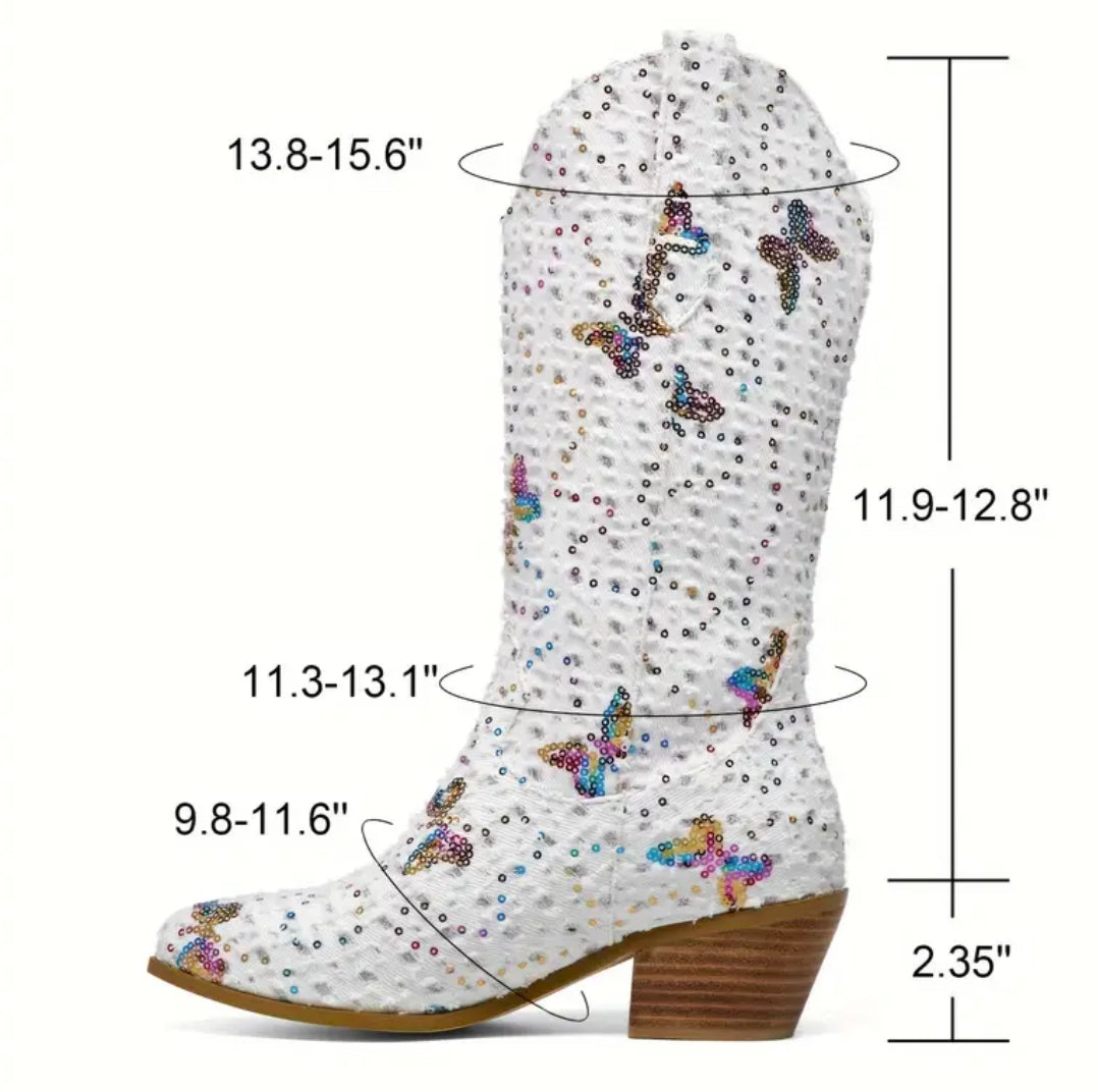 Çizme xhins të bardha Cowgirl për femra "Sequin &amp; Butterfly".