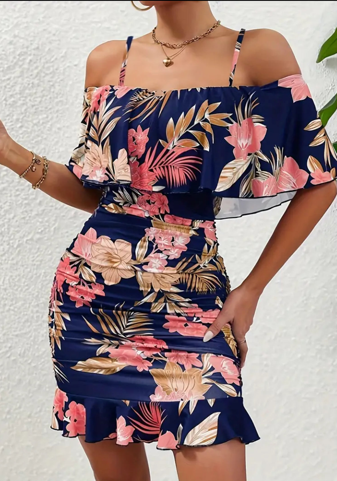 Vestido ajustado con hombros descubiertos y estampado floral vibrante: mangas cortas elegantes, escote elegante, tela cómoda, perfecto para primavera y verano, ropa de mujer, ropa de uso diario, vestido de fiesta