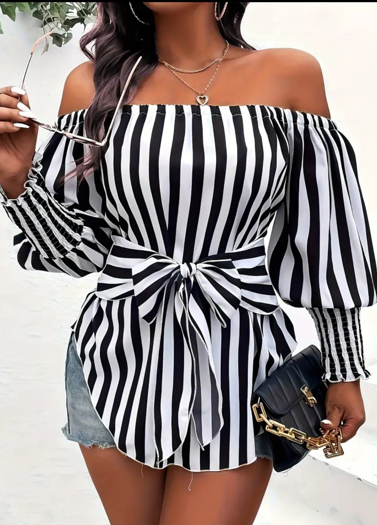 Striped Print Off Shoulder, Elegant Tie Front Blouse